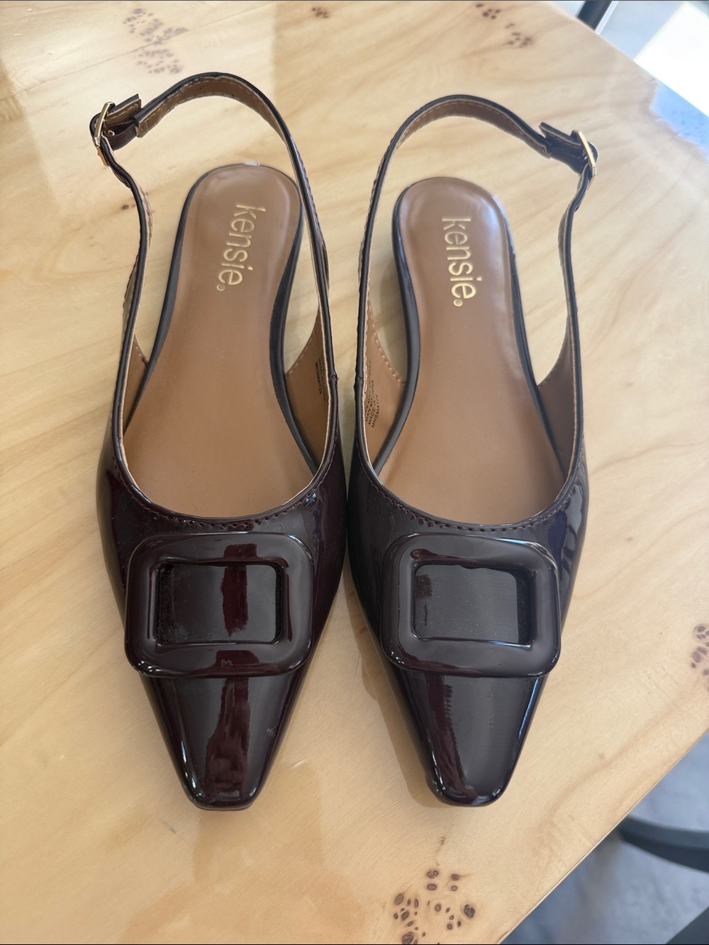 Kensie Dark Brown Patent Pointed Slingback Flats with Decorative Buckle